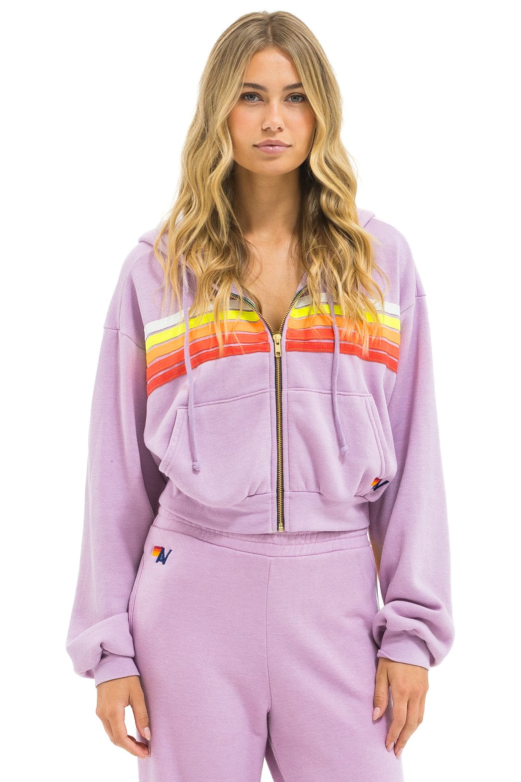 5 STRIPE CROPPED ZIP HOODIE RELAXED - MAUVE // WHITE NEON - Image 3