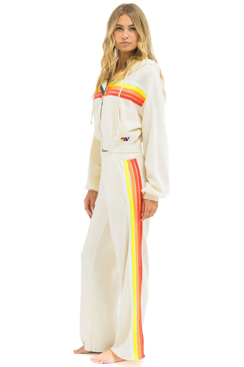 5 STRIPE CROPPED ZIP HOODIE RELAXED - VINTAGE WHITE // WHITE NEON - Image 6