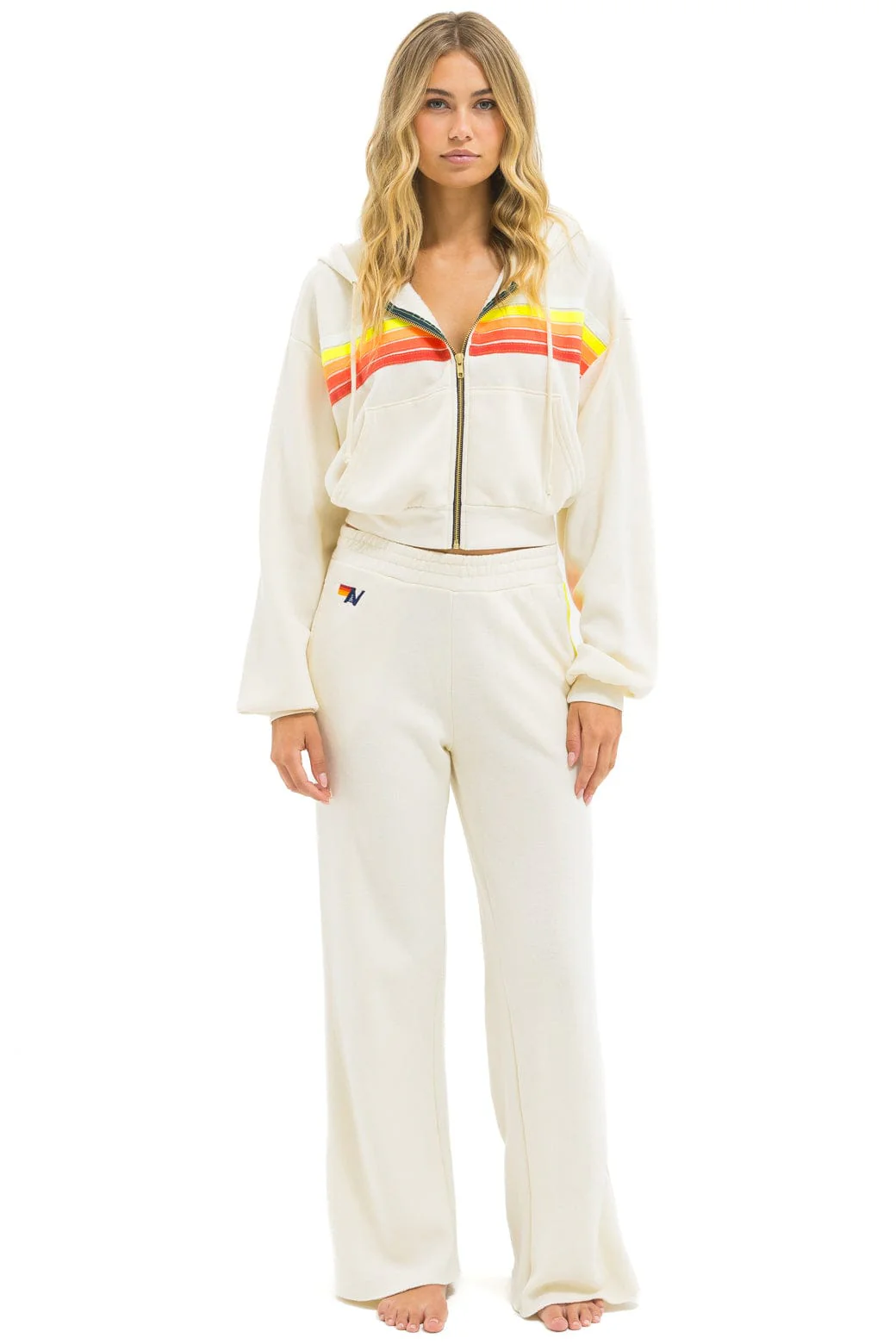 5 STRIPE CROPPED ZIP HOODIE RELAXED - VINTAGE WHITE // WHITE NEON - Image 7