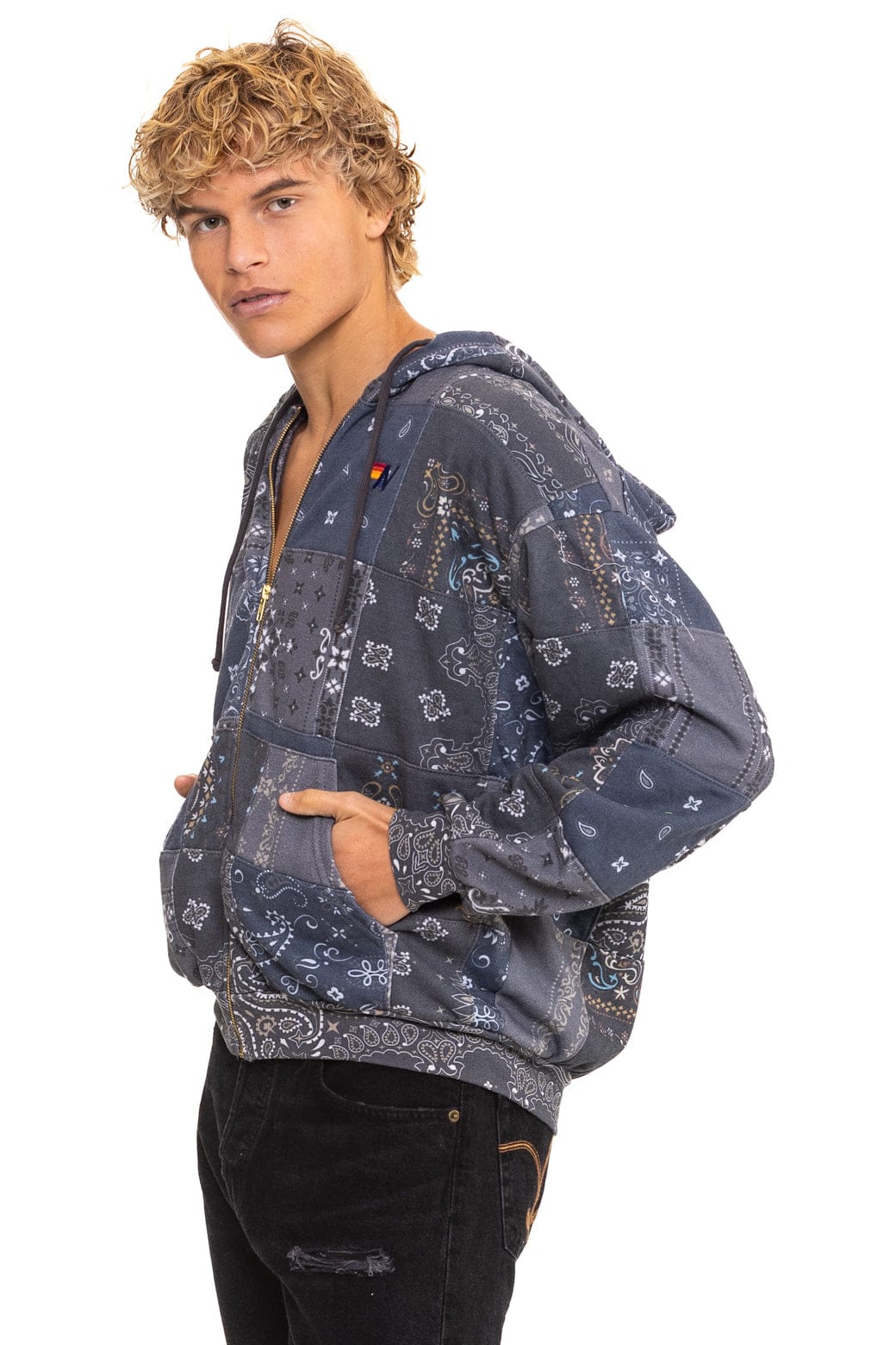 BANDANA QUILTED RELAXED ZIP HOODIE - CHARCOAL - Image 5