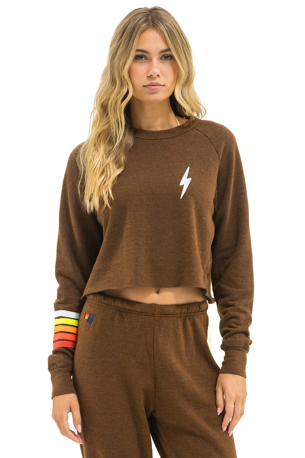 BOLT RUGBY STITCH CROPPED CREW SWEATSHIRT - CHOCOLATE // WHITE NEON - Image 3