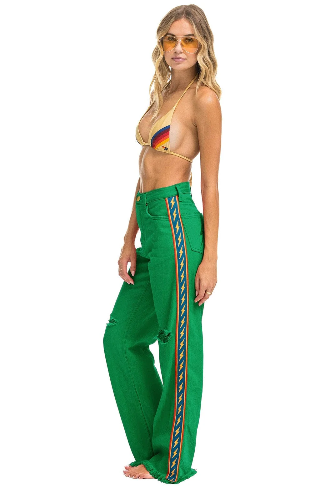 BOLT STRIPE HI RISE WIDE-LEG GYPSY JEAN - KELLY GREEN - Image 4