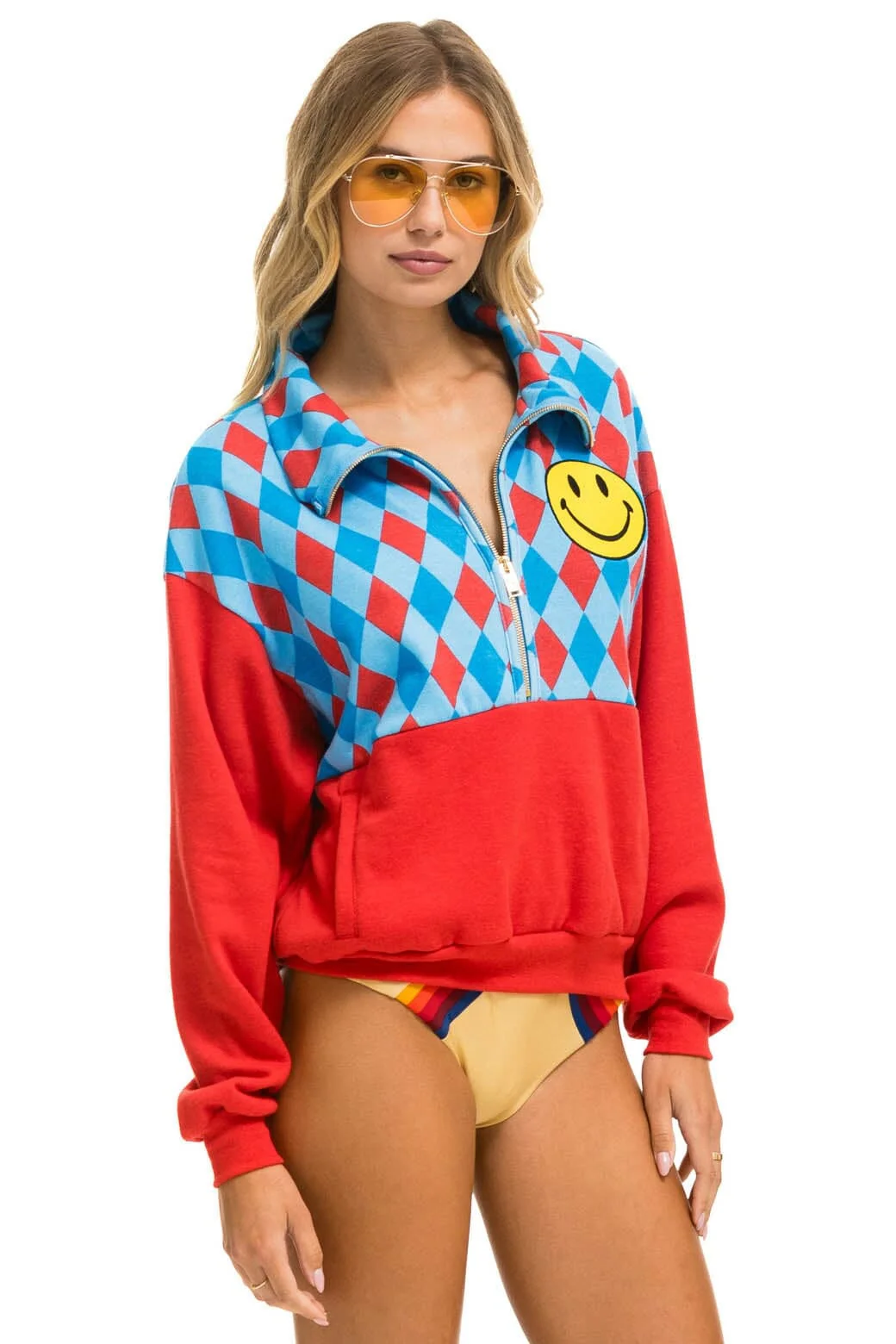 DIAMOND SMILEY 2 FLEECE HALF ZIP COLOR BLOCK SWEATSHIRT - RED // SKY - Image 5