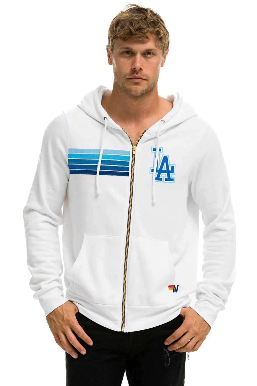 LOS ANGELES DODGERS 5 STRIPE ZIP HOODIE - WHITE // BLUE - Image 3