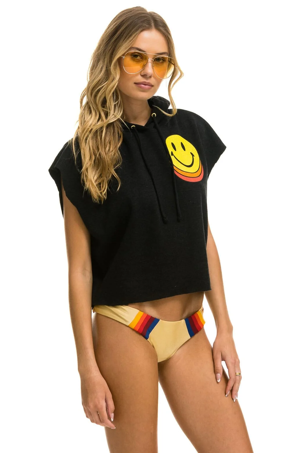 SMILEY SUNSET SLEEVELESS RELAXED CROPPED PULLOVER HOODIE - BLACK - Image 3